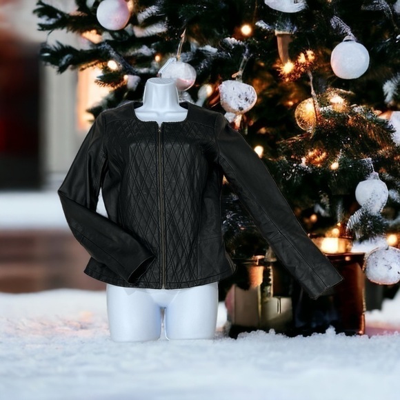 HINGE Quilted Genuine Leather Jacket Zip Black Size S - Picture 13 of 17